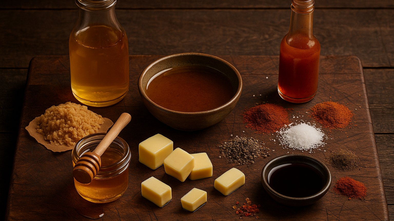 Rib Wrap Bath ingredients on a rustic cutting board