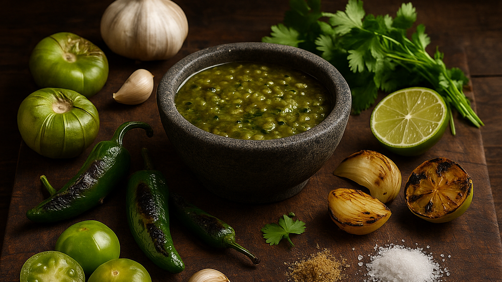 Ingredients of Tomatillo Salsa on a rustic cutting board with salsa in rock bowl