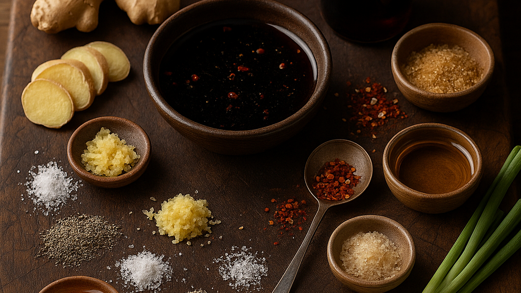 Ingredients for Soy Ginger Steak Bath on rustic cutting board 