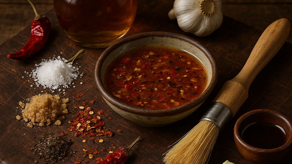 Vinegar Mop Sauce ingredients on a rustic cutting board with a basting brush and bowl of finished sauce