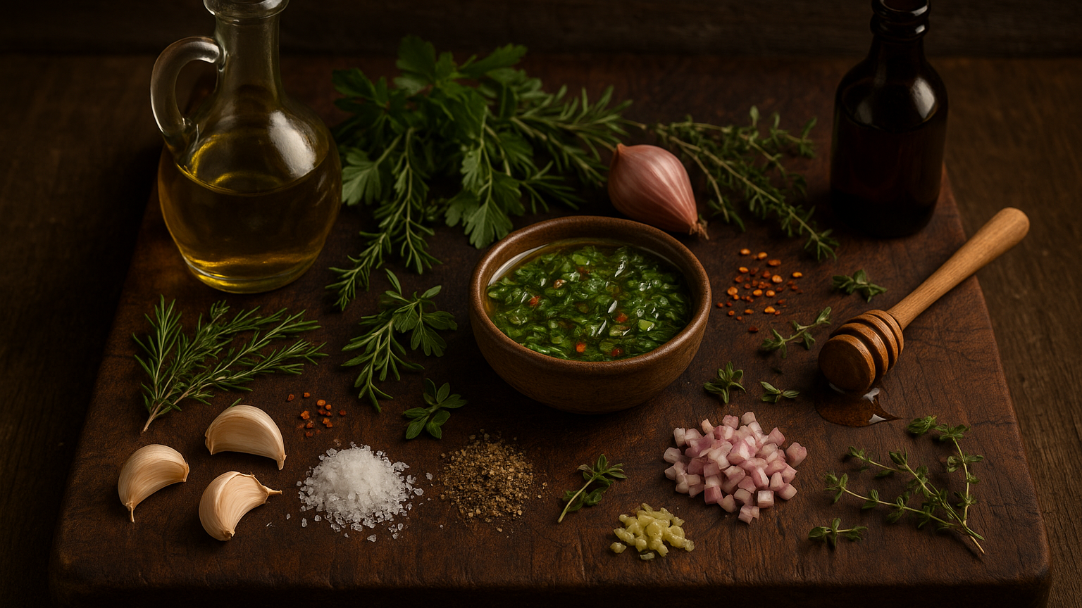 Tuscan Herb Chimichurri ingredients on a rustic cutting board with bowl of finished sauce