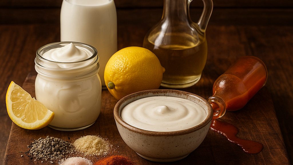 White Sauce ingredients on rustic cutting board