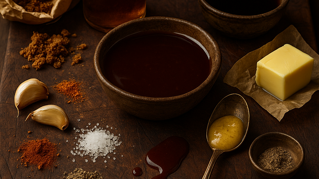 Bourbon Brown Sugar Glaze ingredients on rustic cutting board