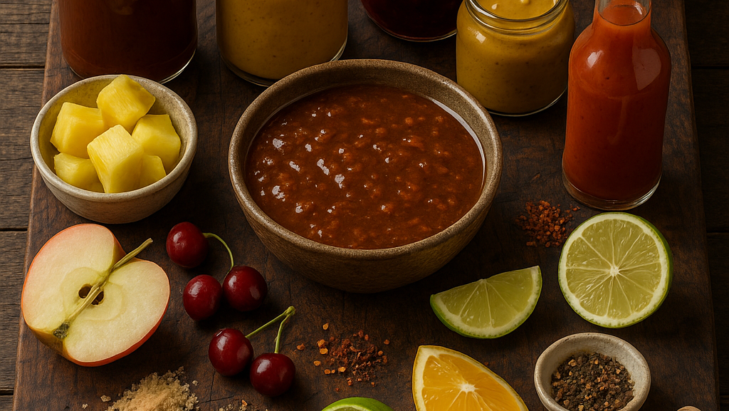 Bottled sauces with possible added ingredient options on a rustic cutting board