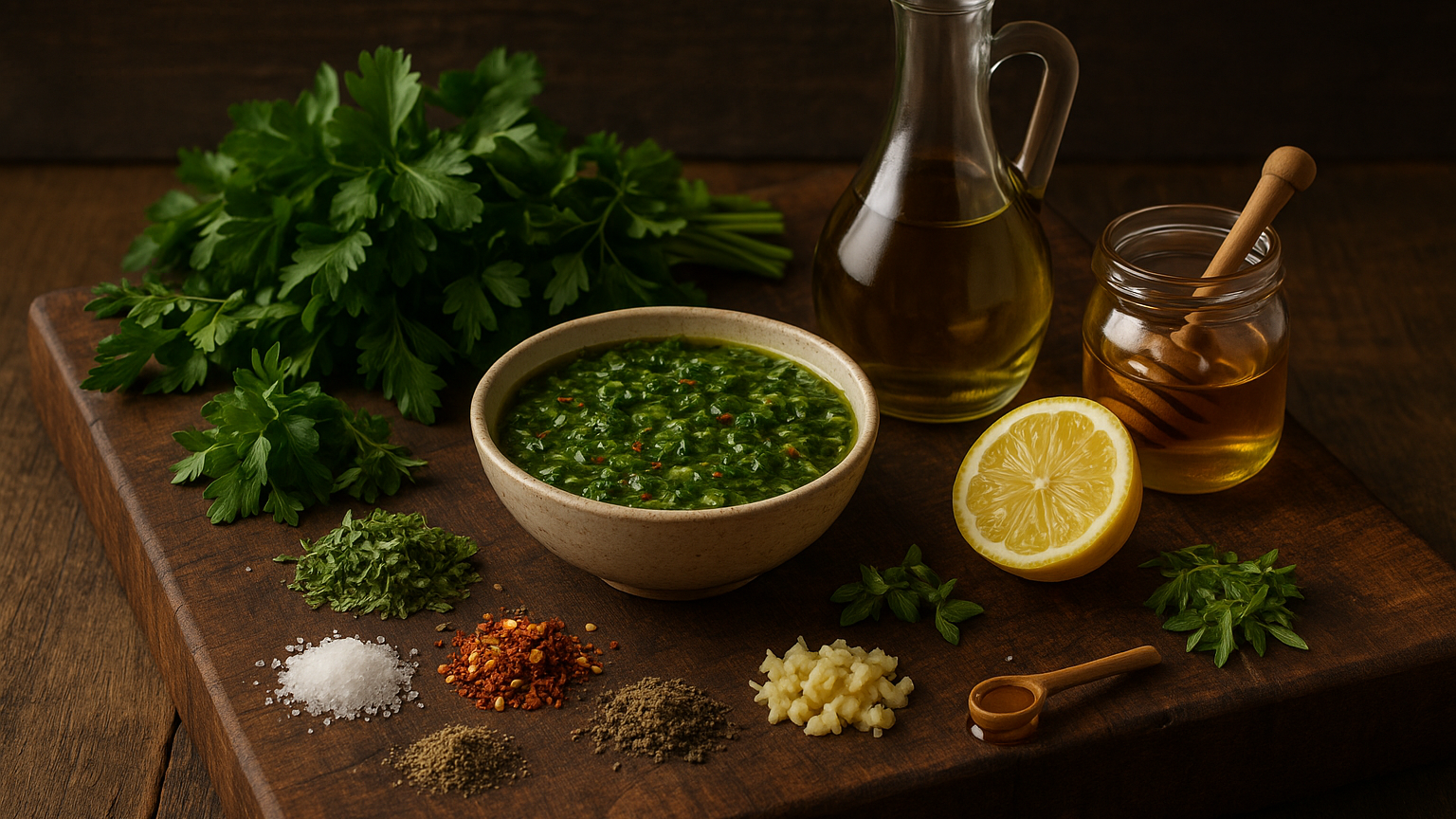 Chimichurri Verde ingredients on a rustic cutting board