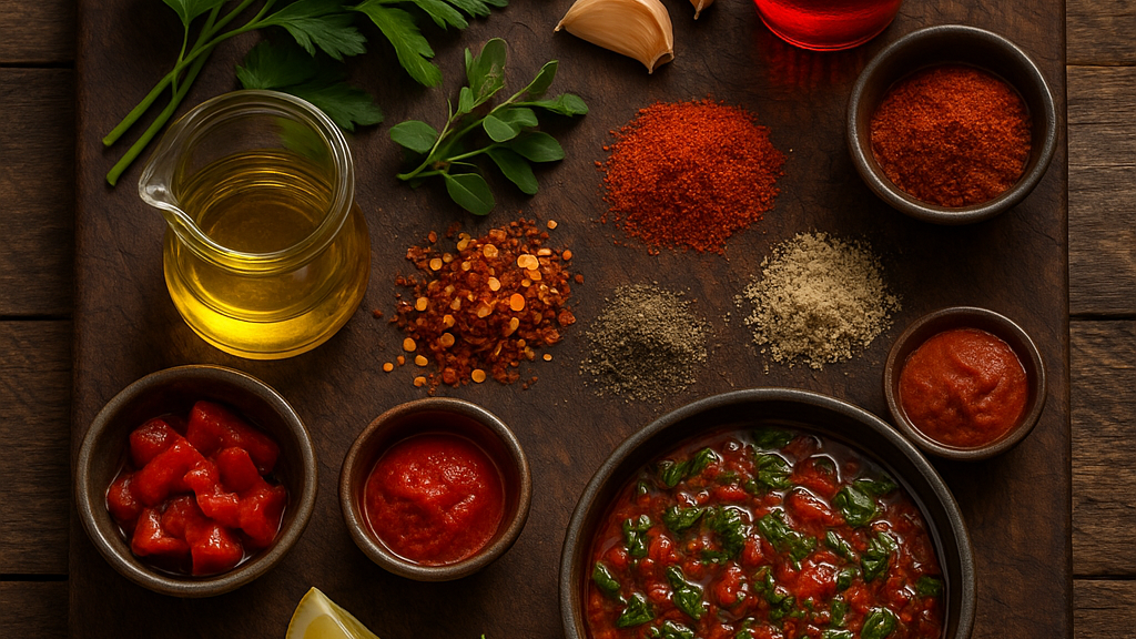 Chimichurri Rojo Red ingredients on a rustic cutting board