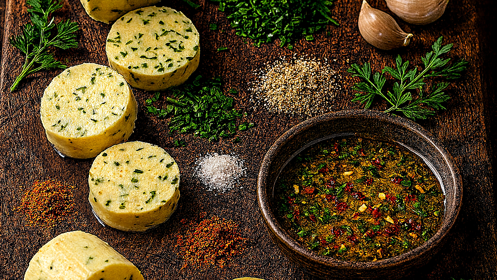 House Compound Butter ingredients on a rustic cutting board