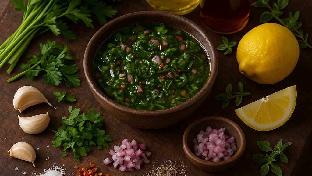 Santa Maria Board Sauce ingredients on a rustic cutting board