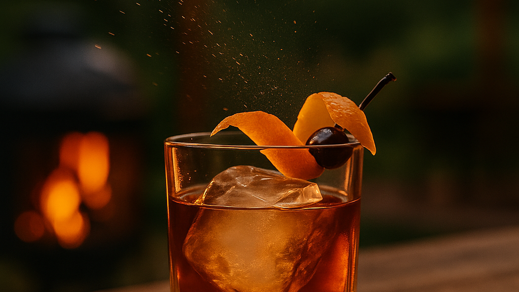 Old Fashioned Drink on rustic table outdoors