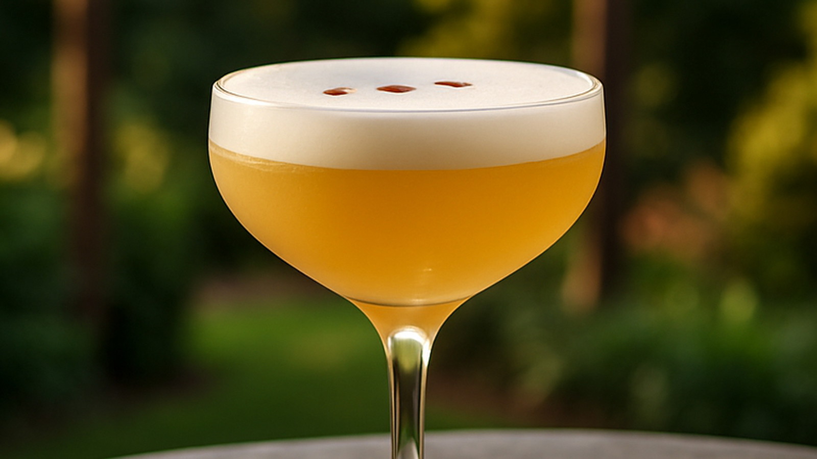 Whiskey Sour in a stemmed glass outdoors