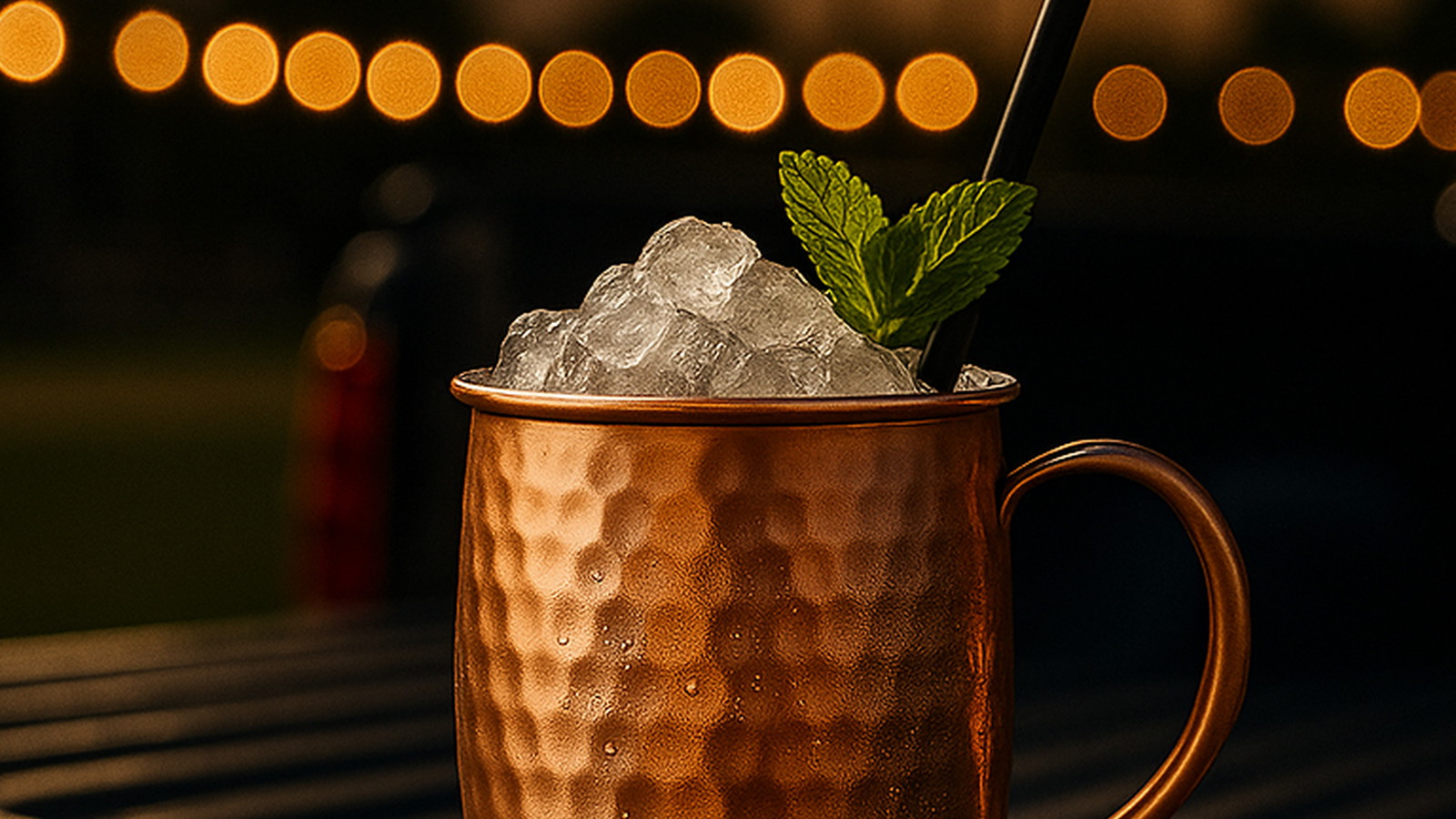 Copper Mug with a Bourbon Caramel Apple Mule on a rustic outdoor table with yard hanging lights in the background