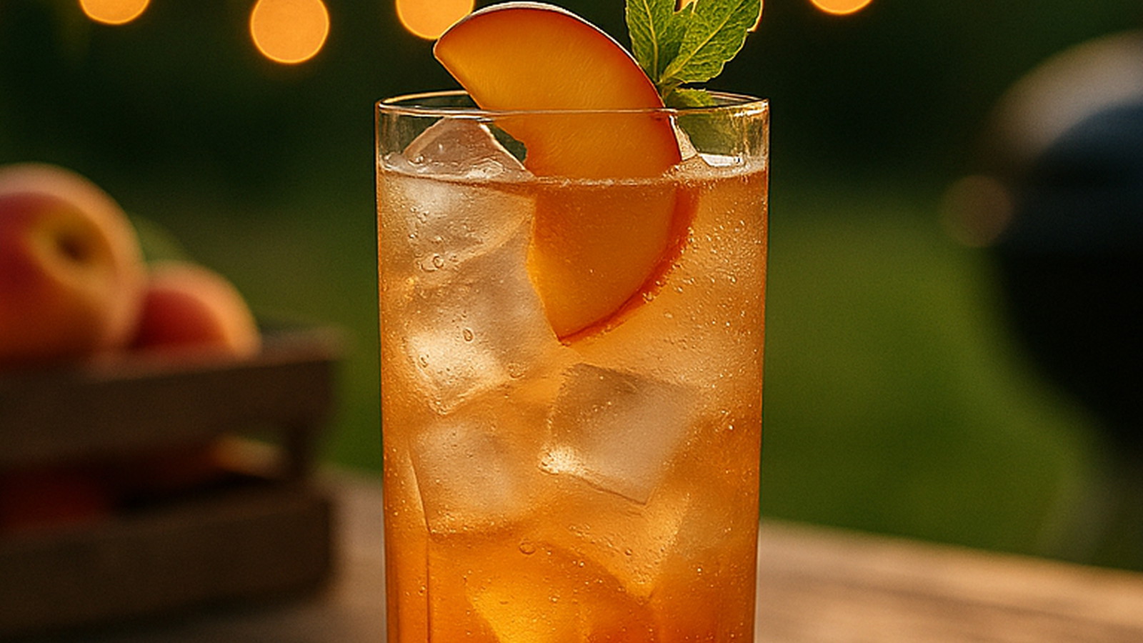 Peach Bourbon drink with peach wedge and mint garnish with basket of peaches and outdoor setting