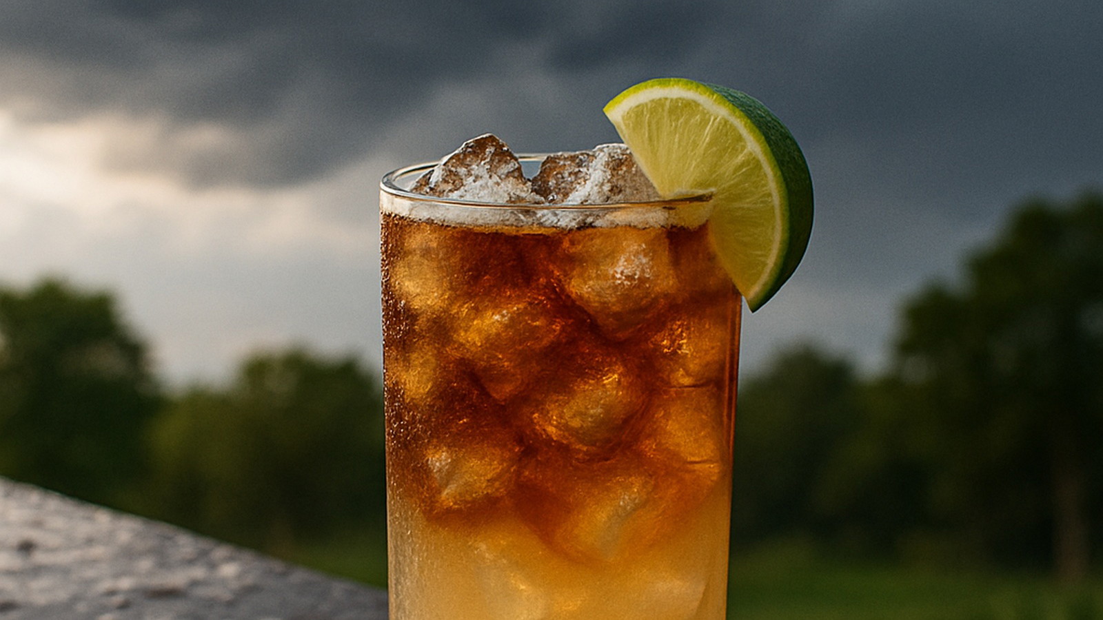 Stormy Skies with Dark and Stormy Drink sitting on deck railing