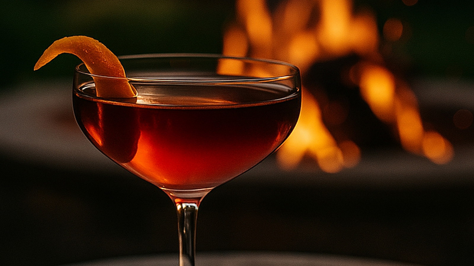 Boulevardier drink in stemmed glass in front of campfire