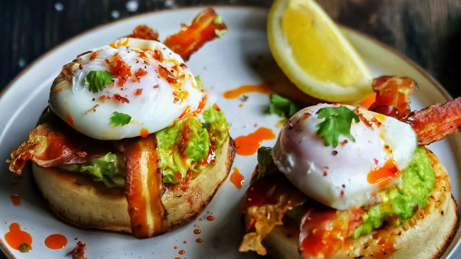 Image of Crumpets with Poached Eggs, Smashed Avocado & Crispy Pork Belly