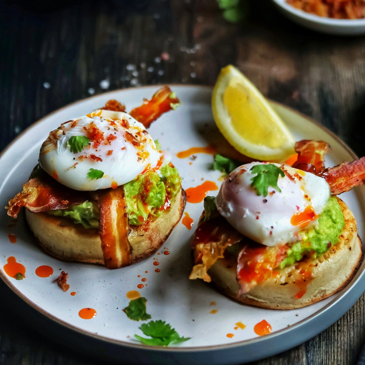 Crumpets with Poached Eggs, Smashed Avocado & Crispy Pork Belly