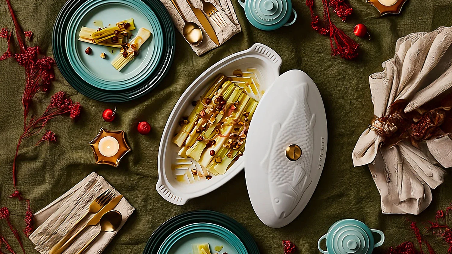 Image of Puerros al horno con chalotas y avellanas