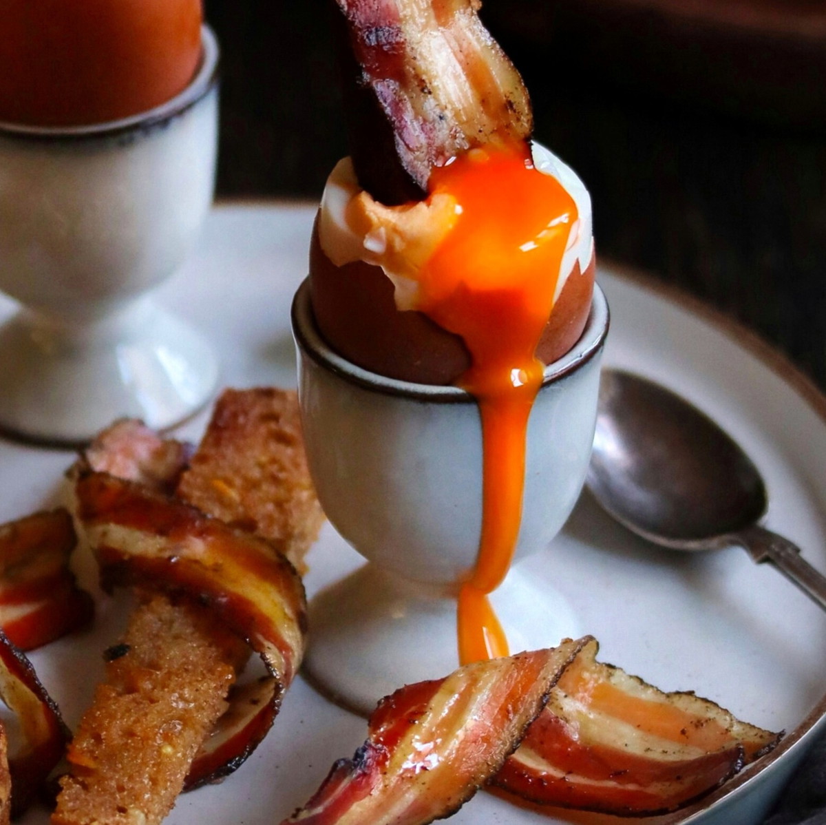Soft Boiled Eggs with Crispy Pork Belly Soldiers