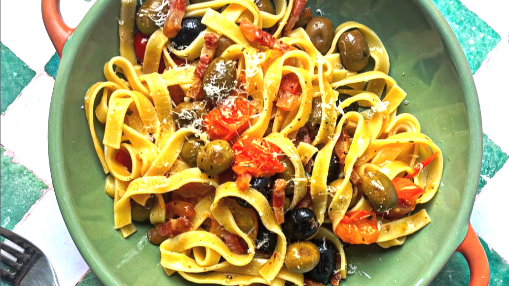 Image of Rustic Tagliatelle with Pork Belly Trim, Olives & Cherry Tomatoes