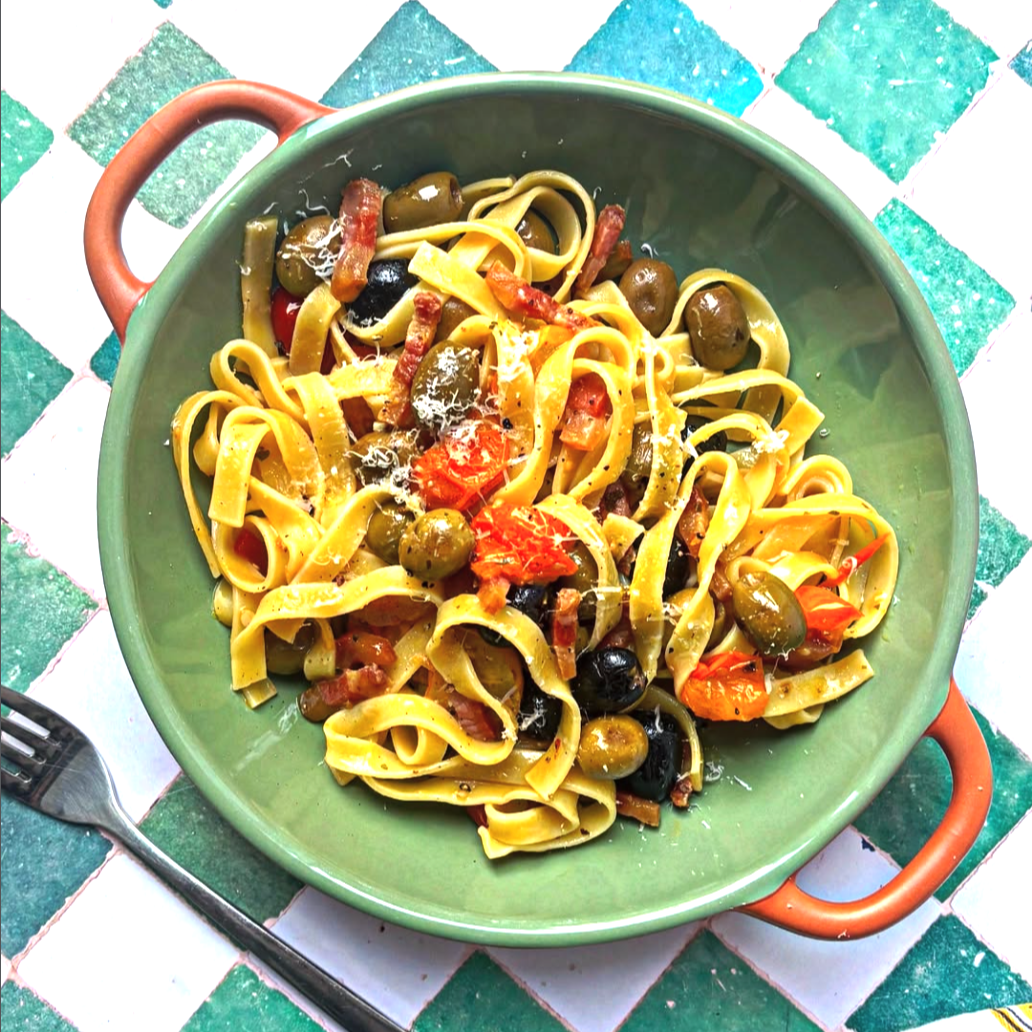 Rustic Tagliatelle with Pork Belly Trim, Olives & Cherry Tomatoes
