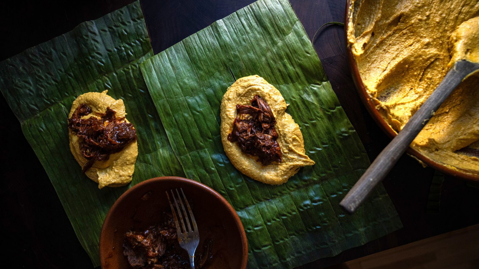 Kabocha Squash Tamales with Poached Chicken in Chile Rojo