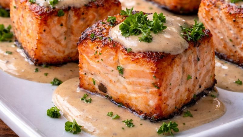 salmon bites with maple salmon and creamy drizzle