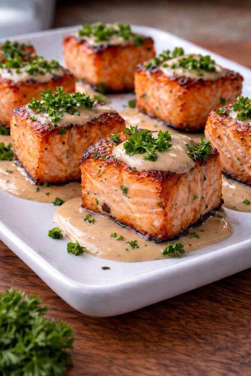 Sweet Maple Salmon Bites With Creamy Dijon Drizzle