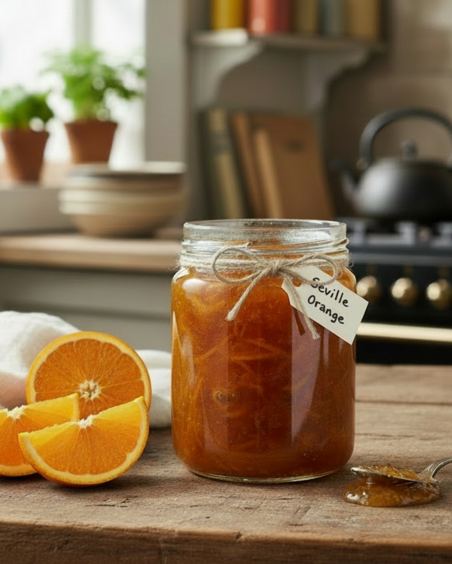 Jar of homemade Seville orange marmalade with a label reading 'Seville Orange,' placed on a rustic wooden table. The scene includes fresh Seville oranges. All in a light and bright kitchen.