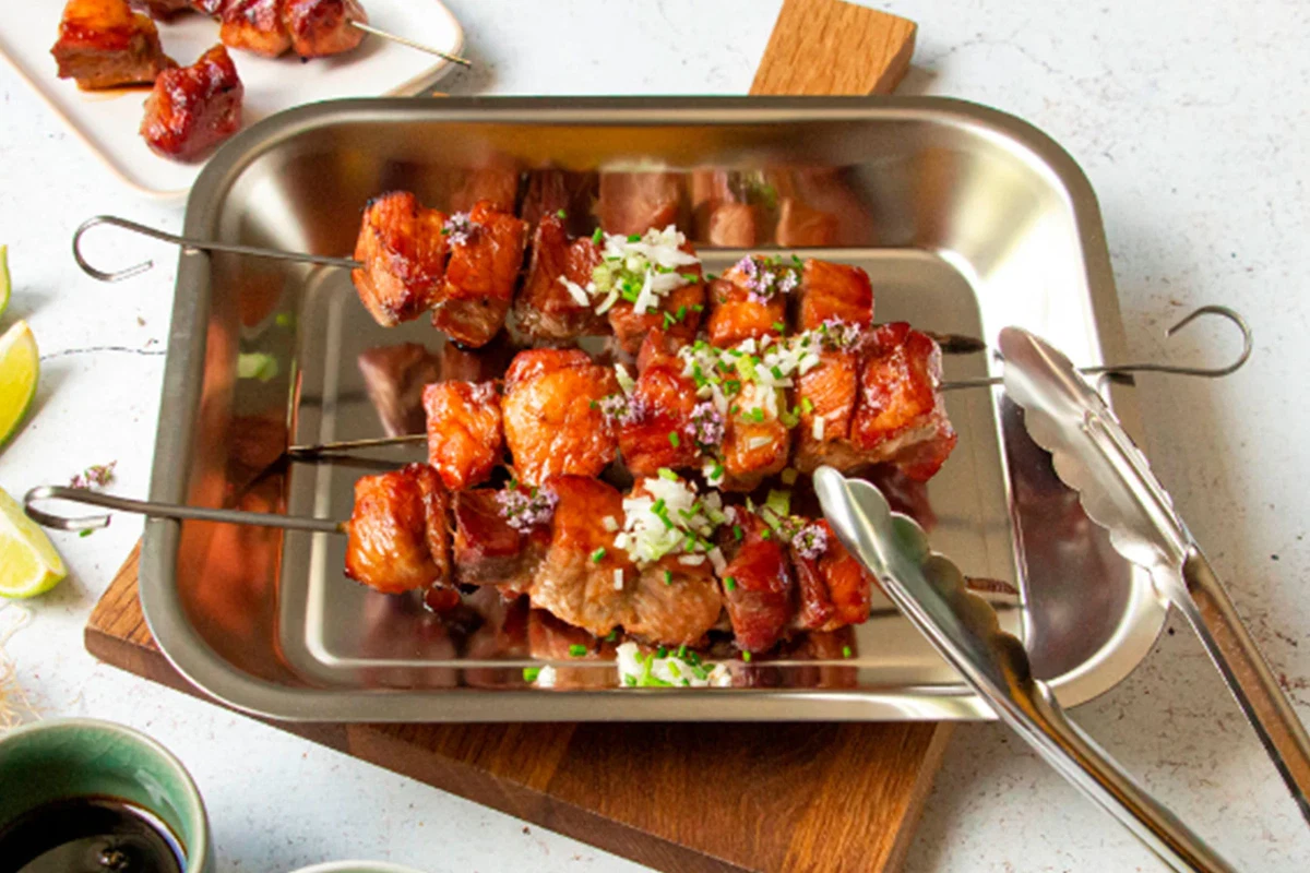 Caramelized pork skewers