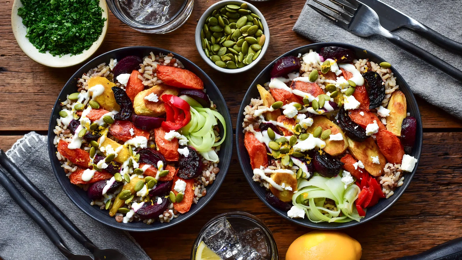 Image of Winter Root Vegetable Bowls with Lemon Yogurt Dressing