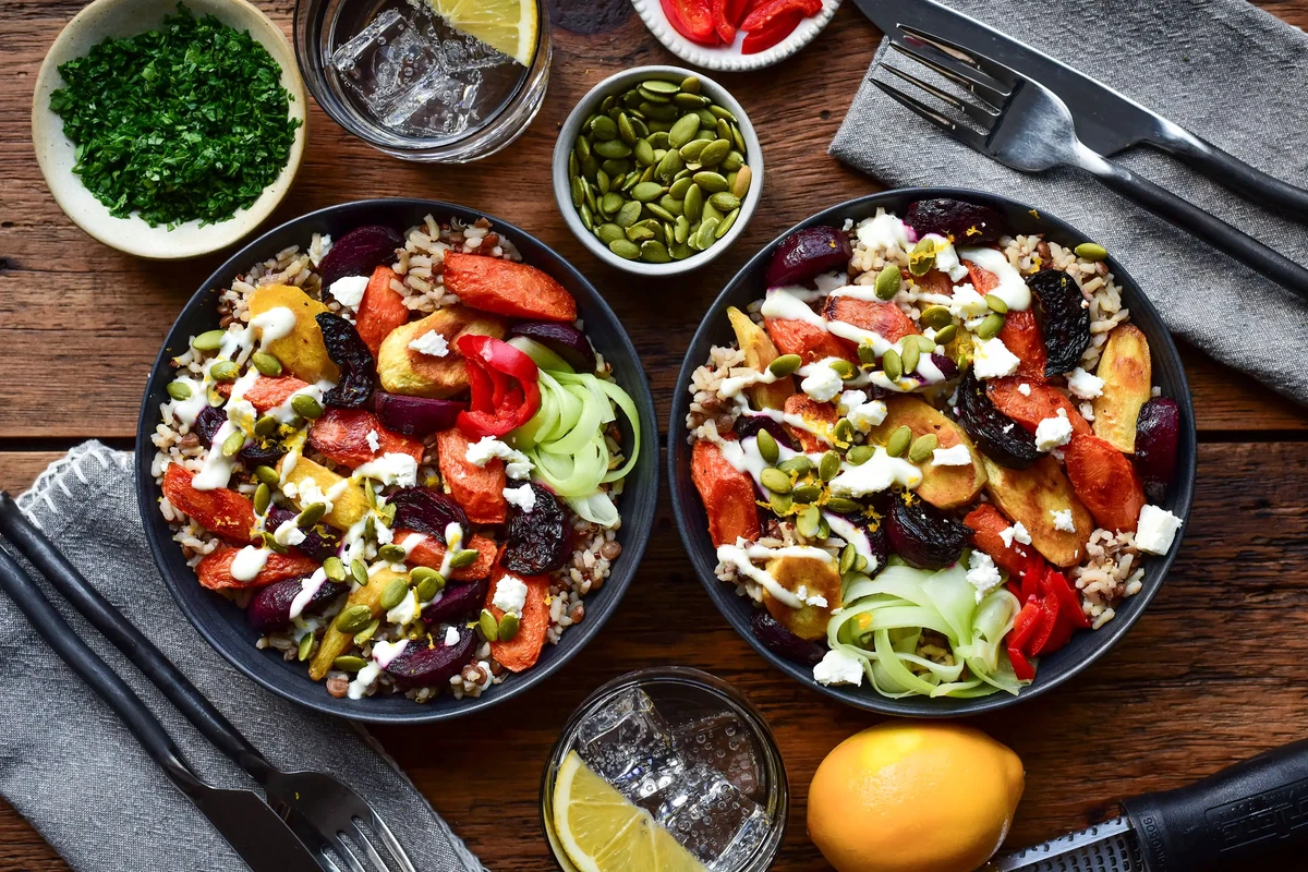Winter Root Vegetable Bowls with Lemon Yogurt Dressing