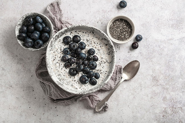 Kefir Kokos-Pudding in einer Schale mit Blaubeeren