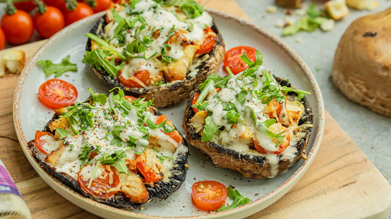 Image of Mini Portobello Pizzas with Caesar Dressing Recipe