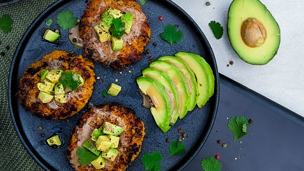 Image of Stuffed Sweet Potato Patties with Avocado and Balsamic Dressing Recipe