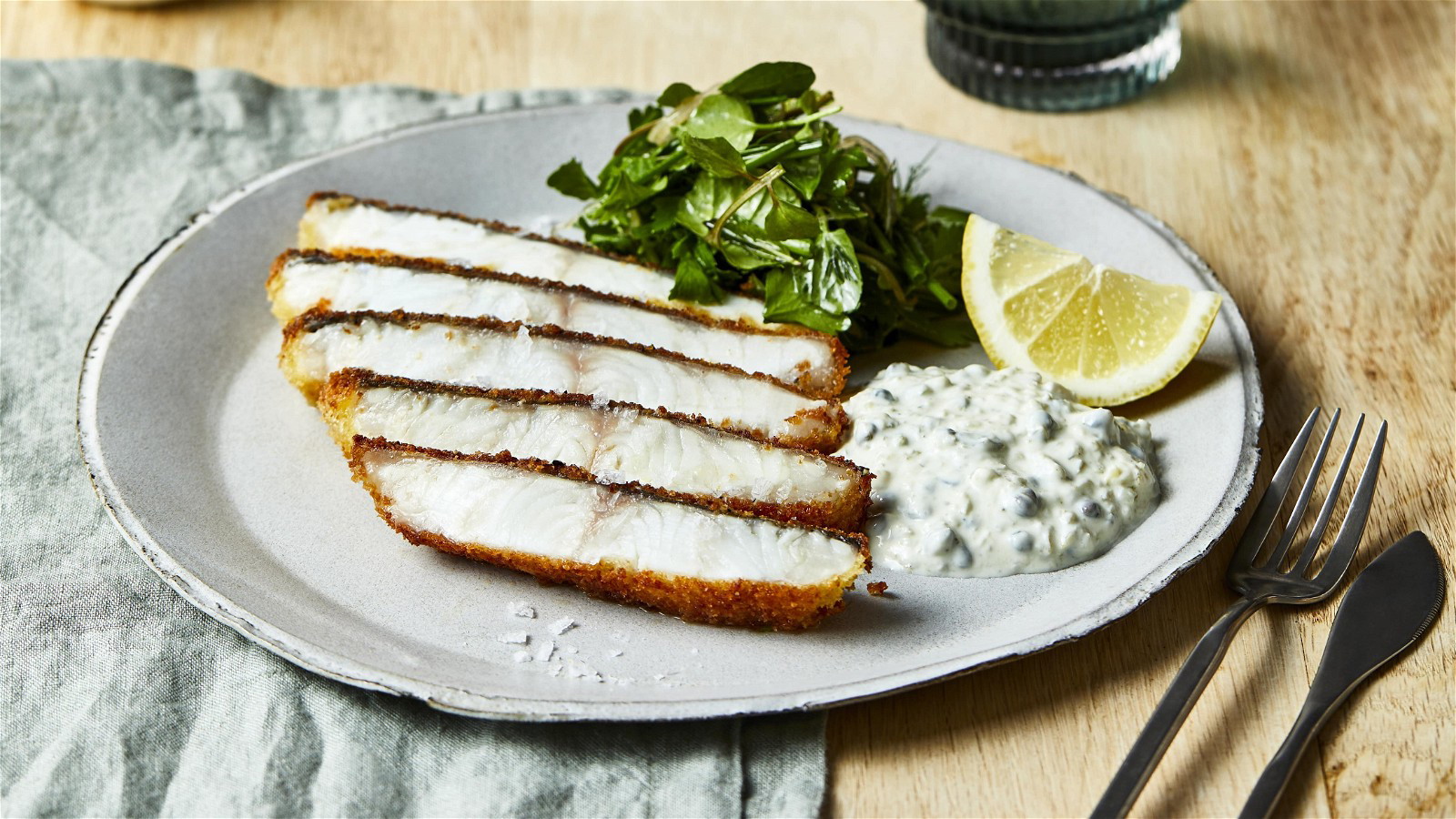 Crumbed Aquna Australian Murray Cod, Yoghurt Tartare Sauce & Herb Salad - Josh Niland