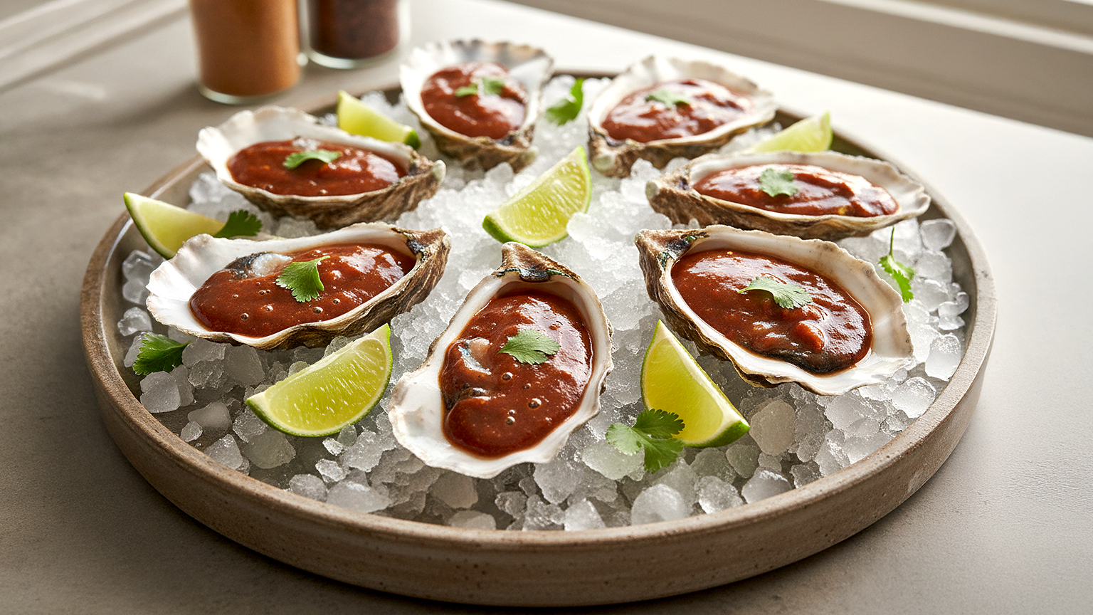 Ostras del Golfo con Mignonette de Ajo Negro y Árbol