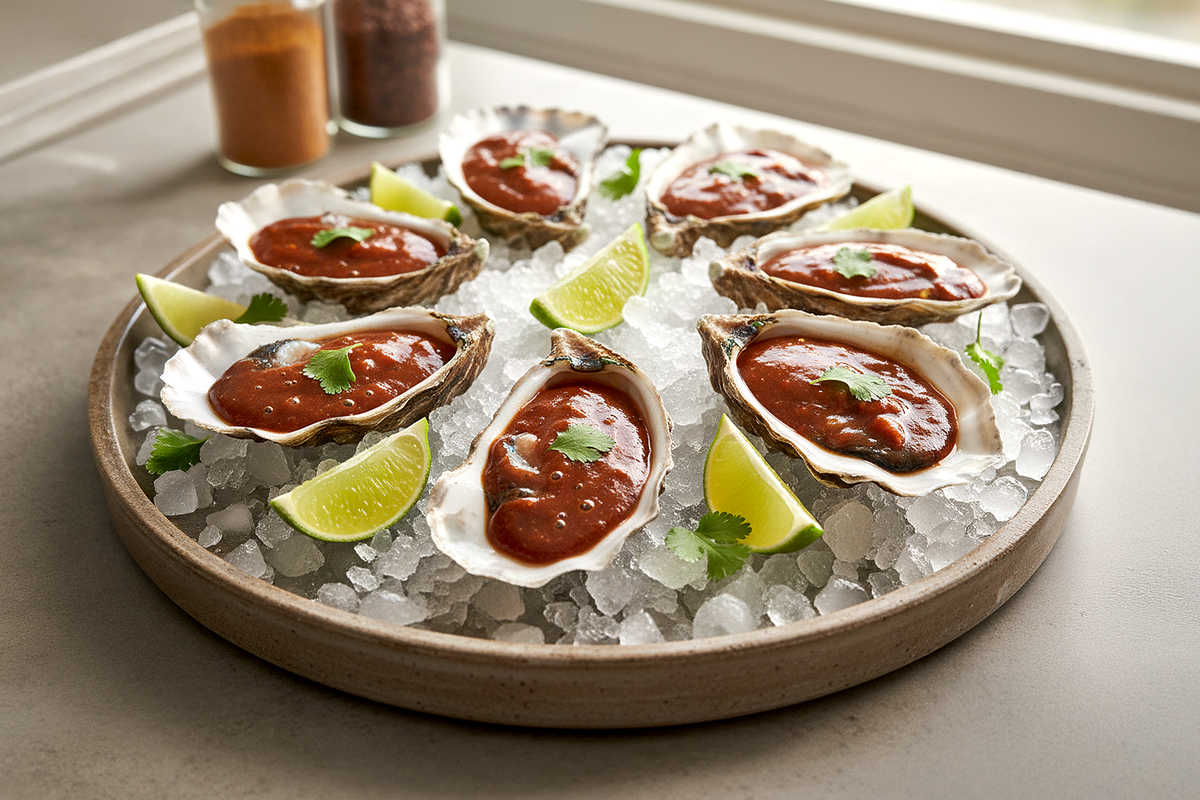Golfo ustrica Texan Heartland Black Garlic Árbol Hot Sauce mignonette-mártással