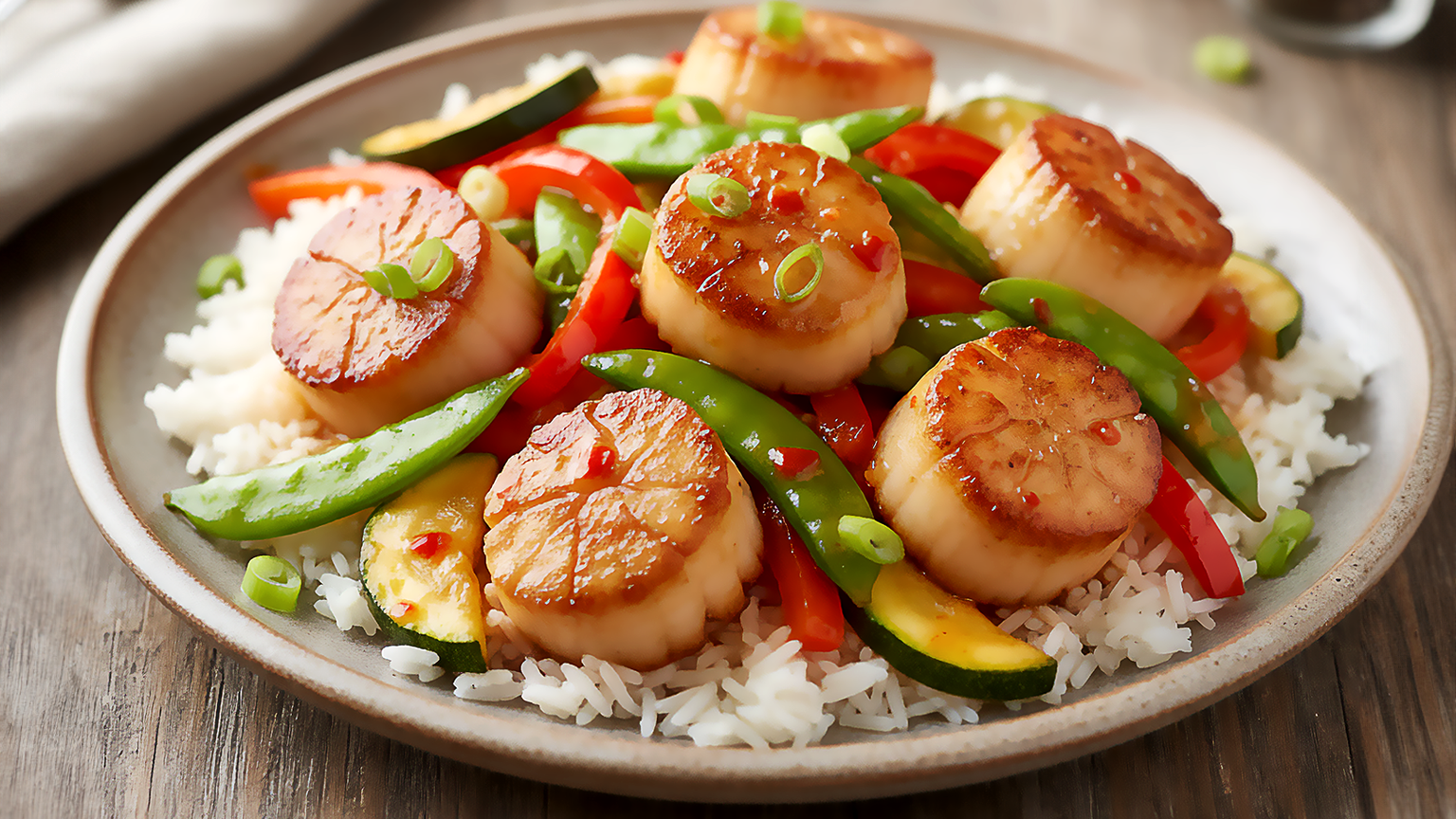 Vieiras con Mango Habanero y Salteado de Verduras