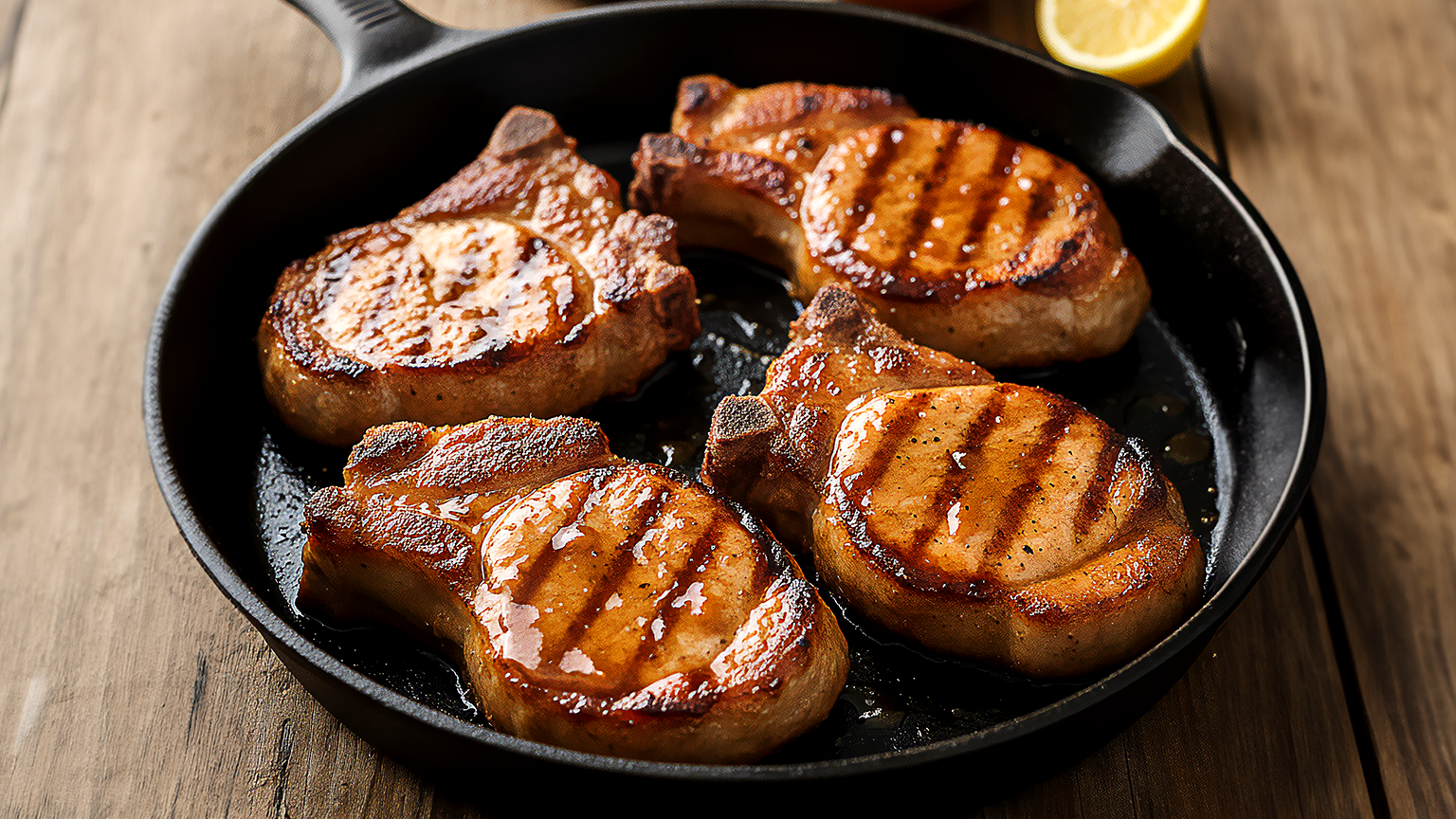 Chuletas de cerdo en sartén con reducción de Texas Pequin & Honey Mop Sauce & Marinade