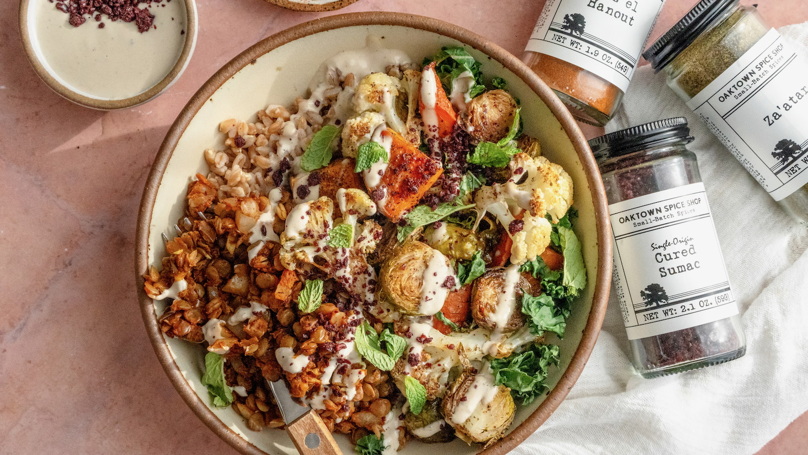 Image of Warm Winter Grain Bowl with Spiced Lentils & Roasted Root Veggies