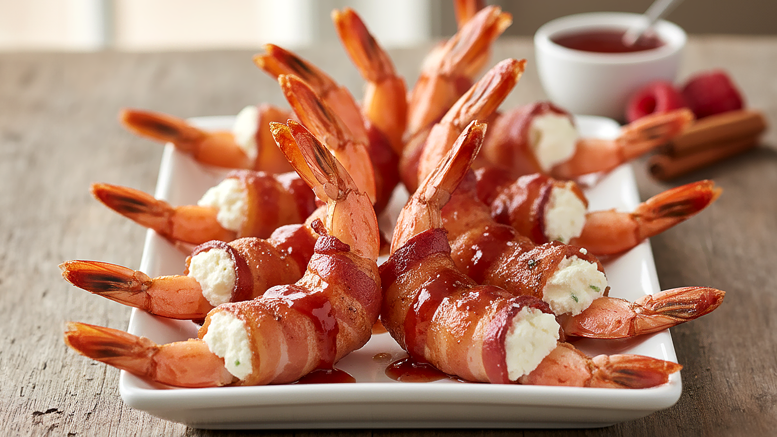 Bacon-Wrapped Stuffed Shrimp with Raspberry Habanero Glaze