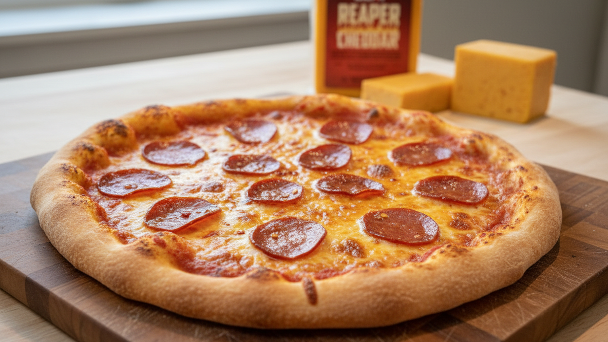 Freshly baked homemade pizza with melted Pepper Joe's Reaper Cheddar cheese and summer sausage