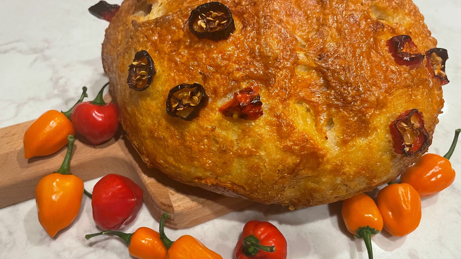 Freshly baked Dutch-oven habanero cheddar cheese bread loaf surrounded by fresh habanero peppers