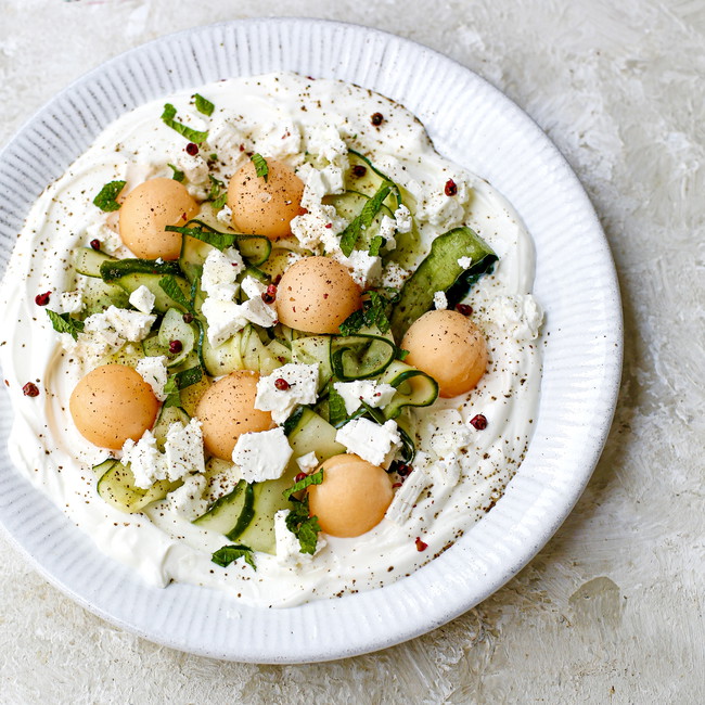 Image of Melon & Feta on Whipped Labneh with Crushed Pink Peppercorns