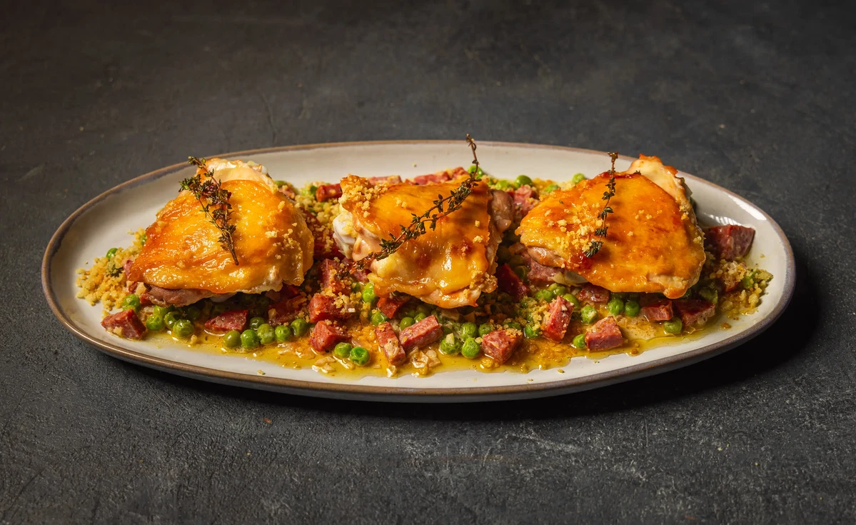Chicken Thighs with Chorizo and Peas