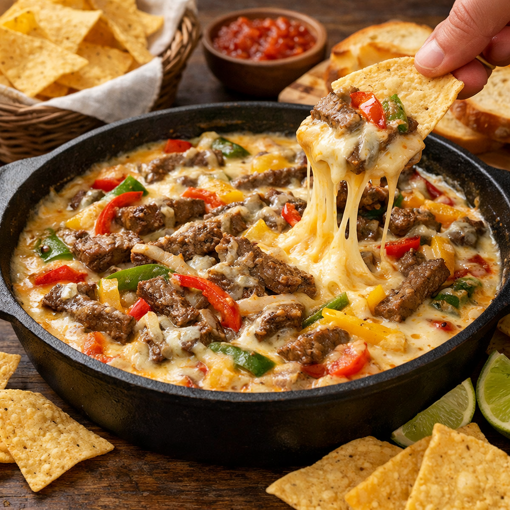 Cheesy Fajita Beef Dip (Hot & Melty)