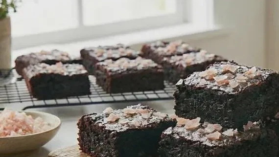 Image of Dark Chocolate brownies with pink salt on top