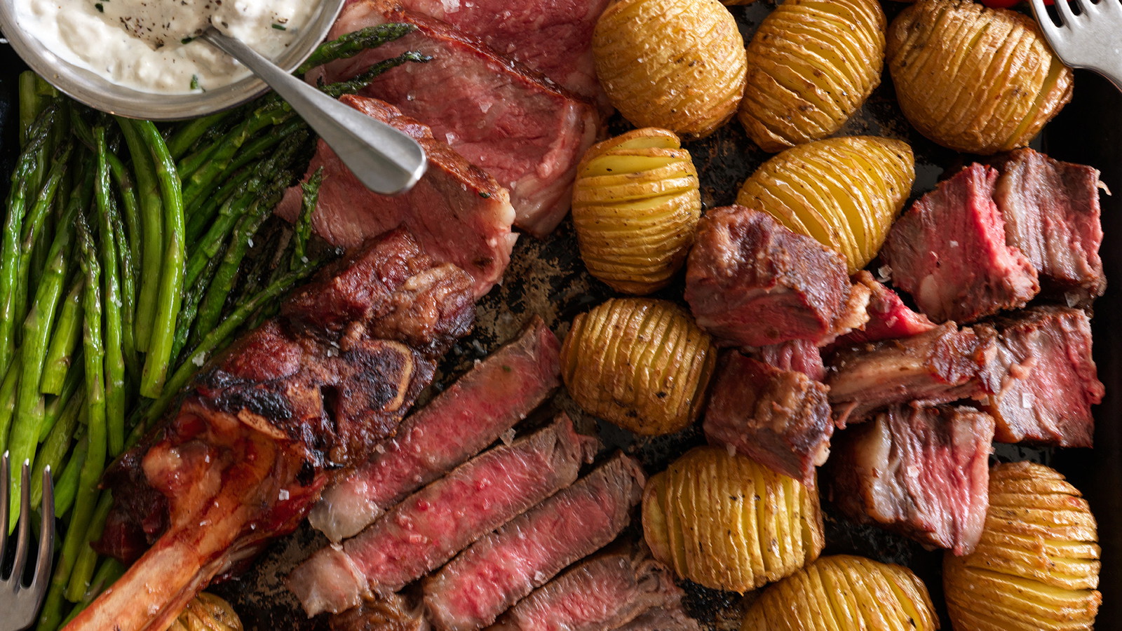 Steak Grazing Board with Mini Hasselback Potatoes, Chimichurri & Gorgonzola Cheese Sauce