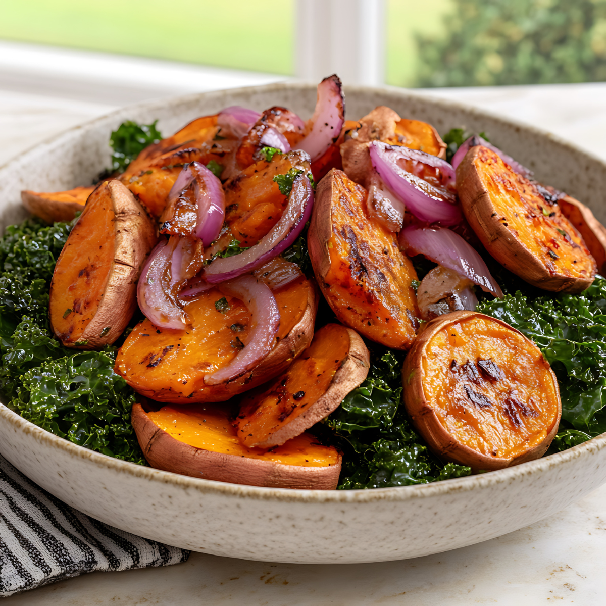 Hot Honey Sweet Potato and Kale Roast