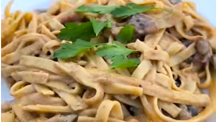 Creamy Black Garlic Carbonara on a plate